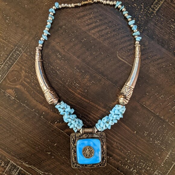 Vintage Western Blue Statement Necklace Square Pendant Boho Cowgirl Chunky Beads - Picture 1 of 6